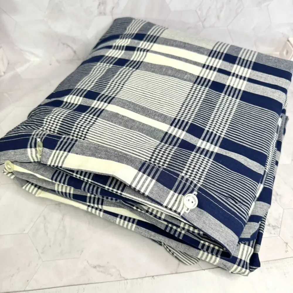 Yves Delorme King Duvet Cover Blue White Plaid 100% Cotton Luxury Made in France